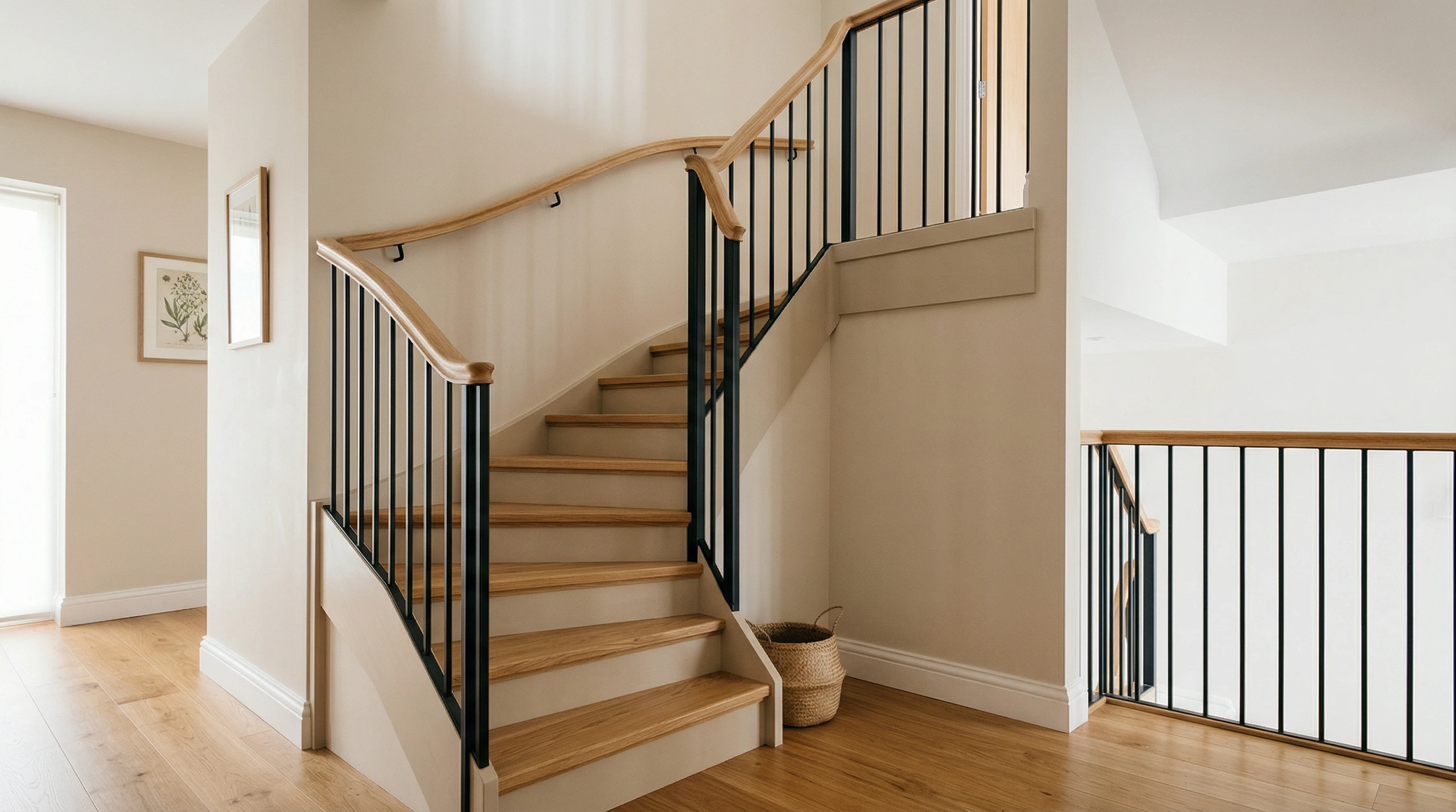 Schody bolcowe z drewnianymi stopniami i czarną metalową balustradą w eleganckim wnętrzu