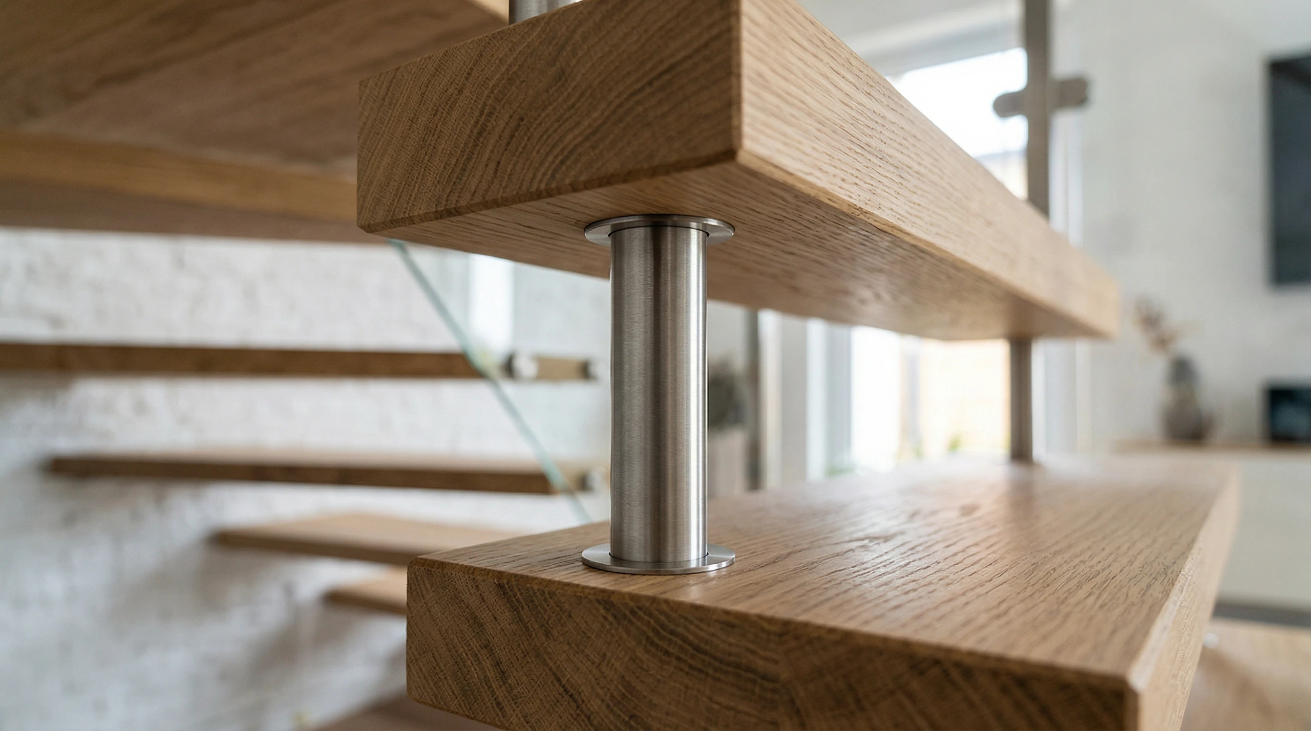 Schody bolcowe z dębowych stopni mocowane stalowymi bolcami, nowoczesny design