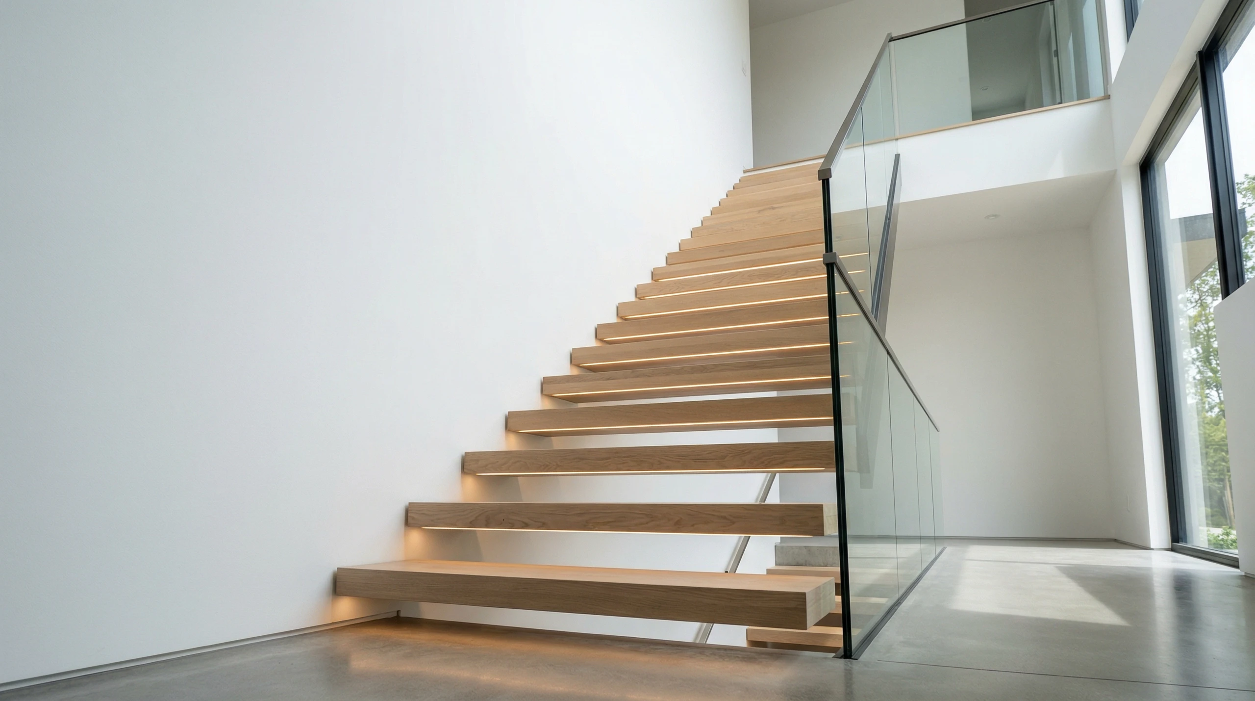 Nowoczesne drewniane schody dywanowe z podświetleniem LED i szklaną balustradą w minimalistycznym wnętrzu