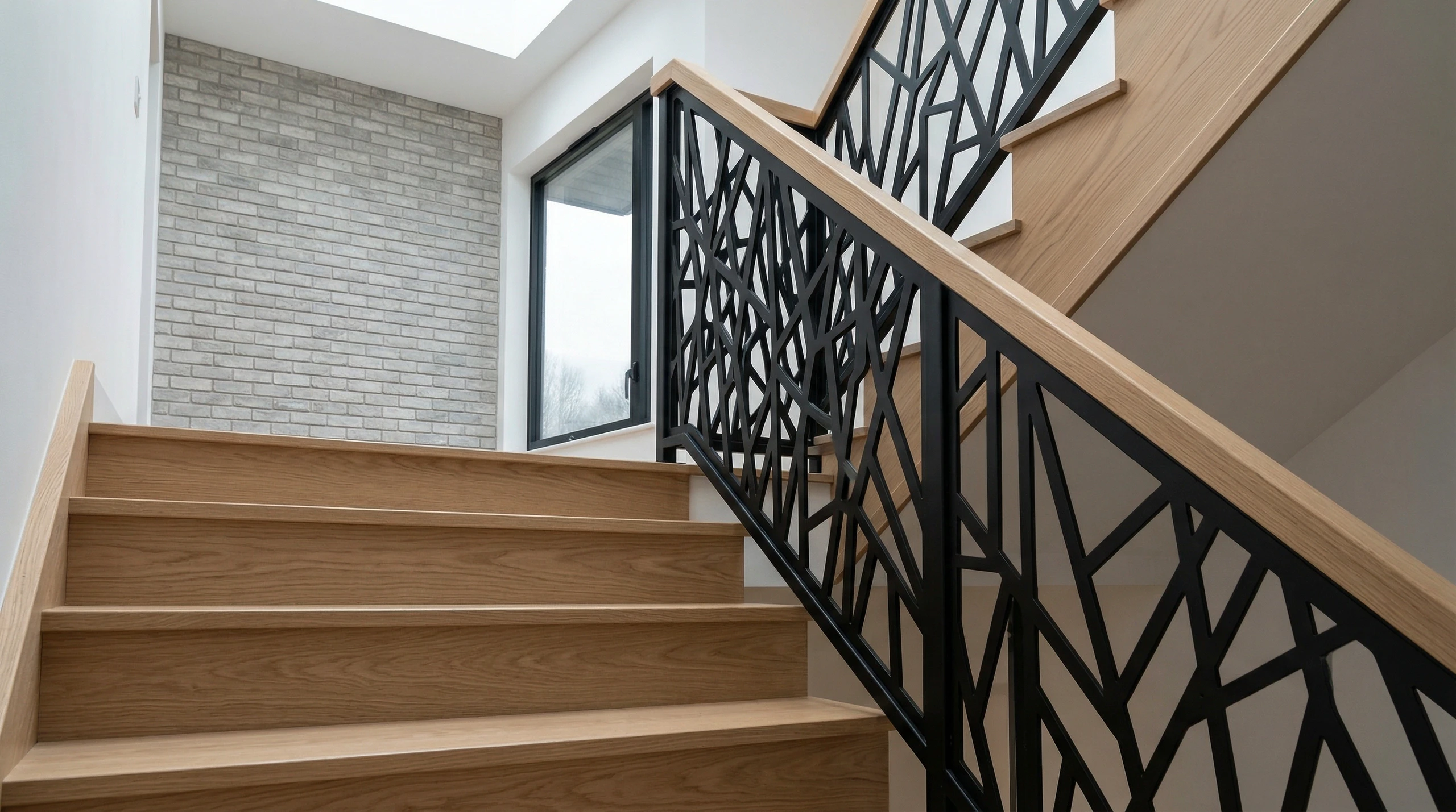 Nowoczesne schody drewniane z ażurową metalową balustradą