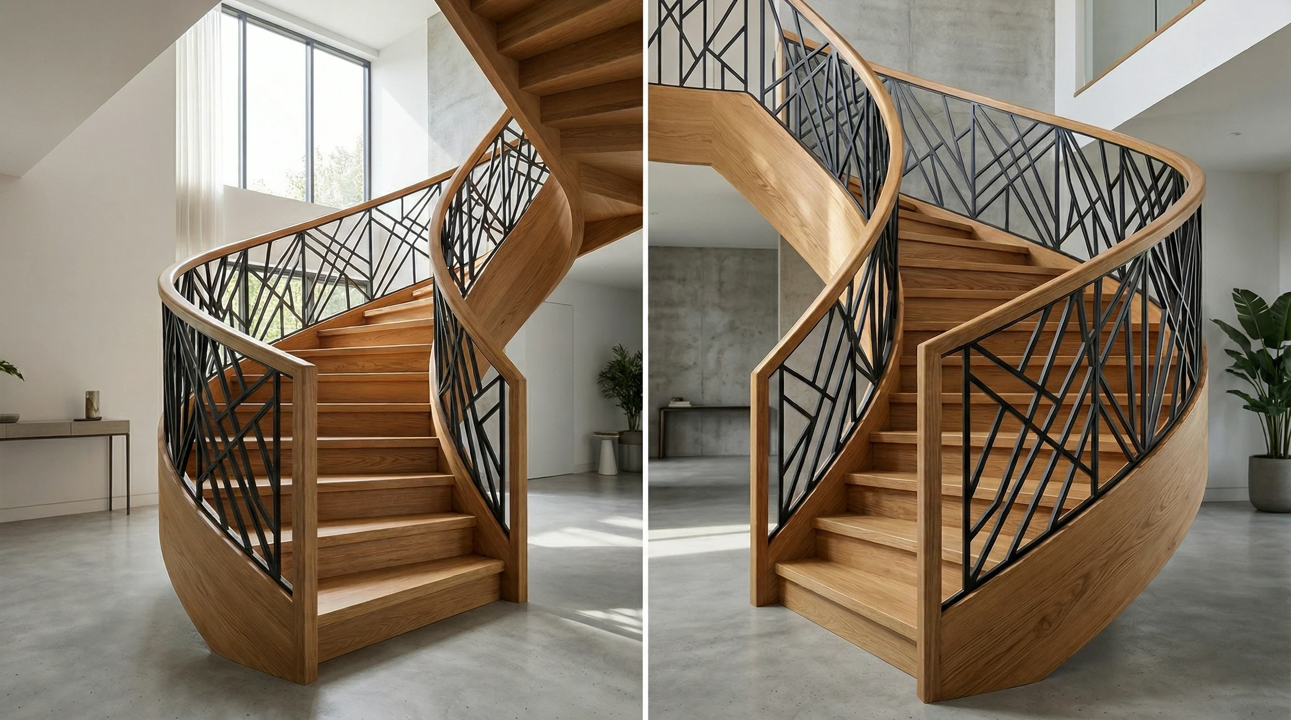 Schody policzkowe z zakrzywionymi drewnianymi stopniami i metalową balustradą ażurową
