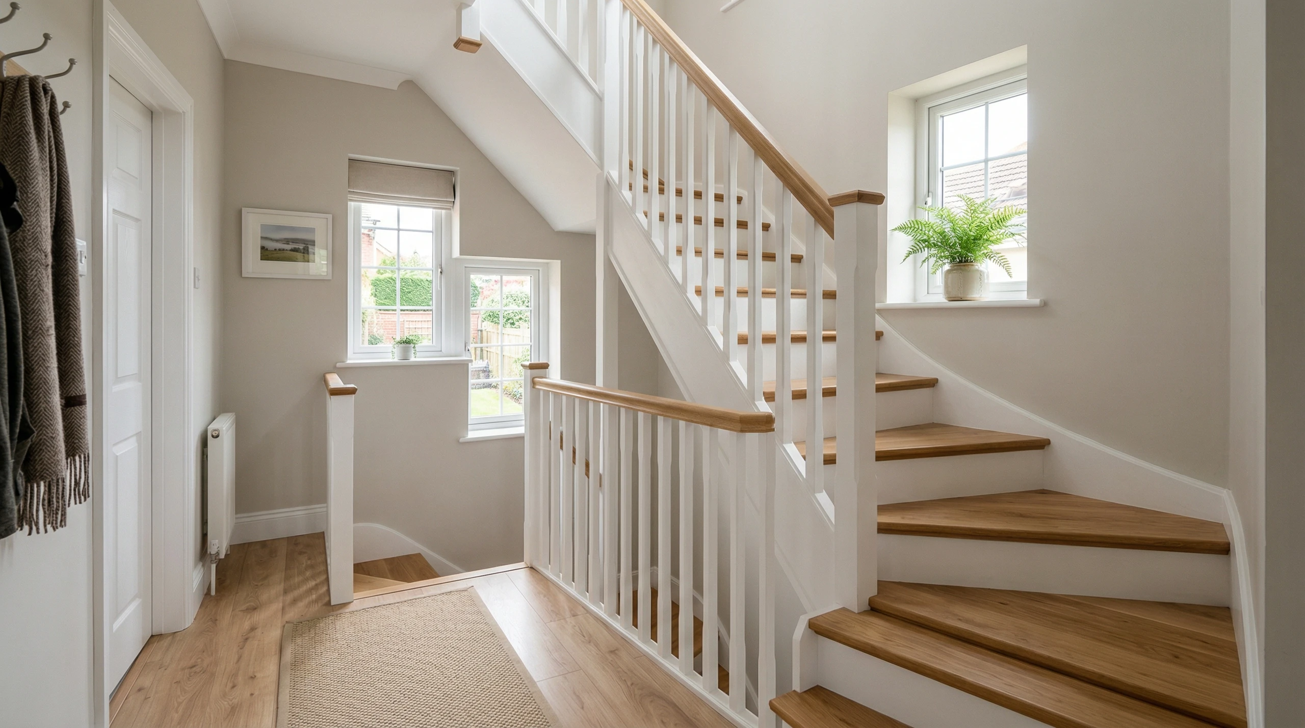 Schody policzkowe z drewnianymi stopniami i białą balustradą