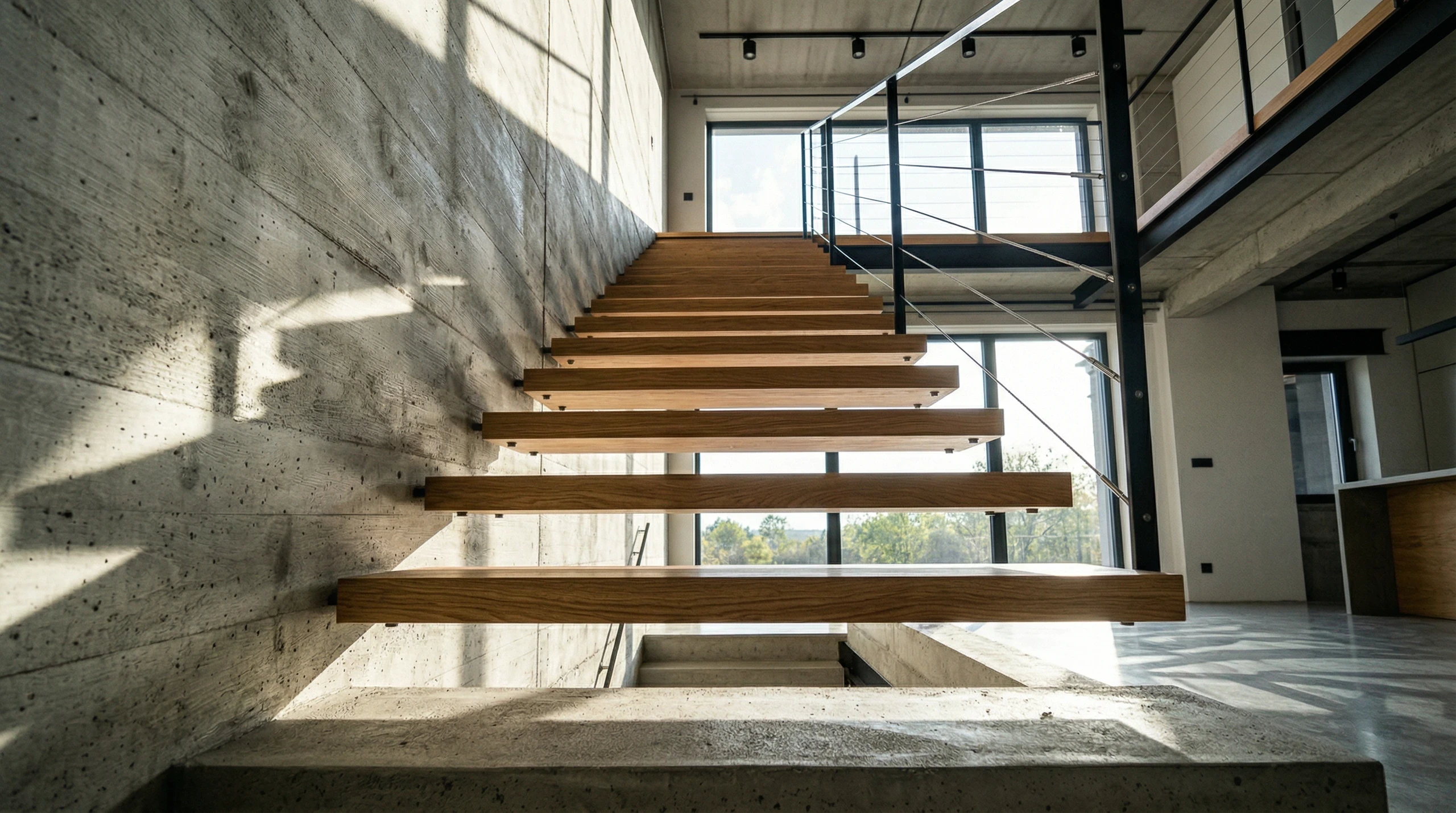 Nowoczesne schody dywanowe z drewnianymi stopniami osadzonymi w betonowej ścianie i metalową balustradą