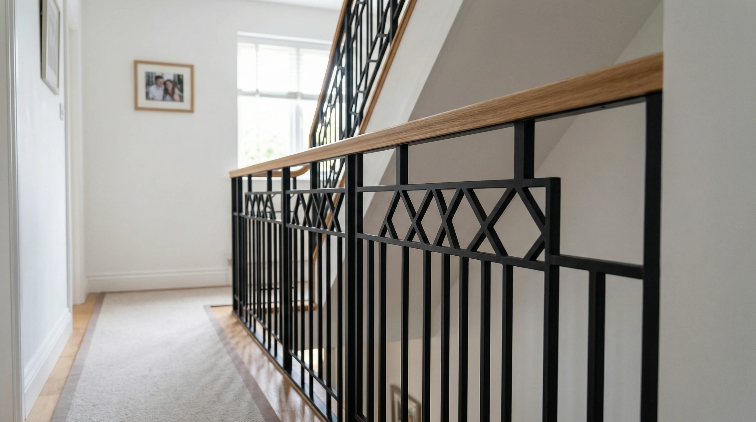 Balustrady metalowe z drewnianą poręczą i ażurowym zdobieniem na piętrowym korytarzu